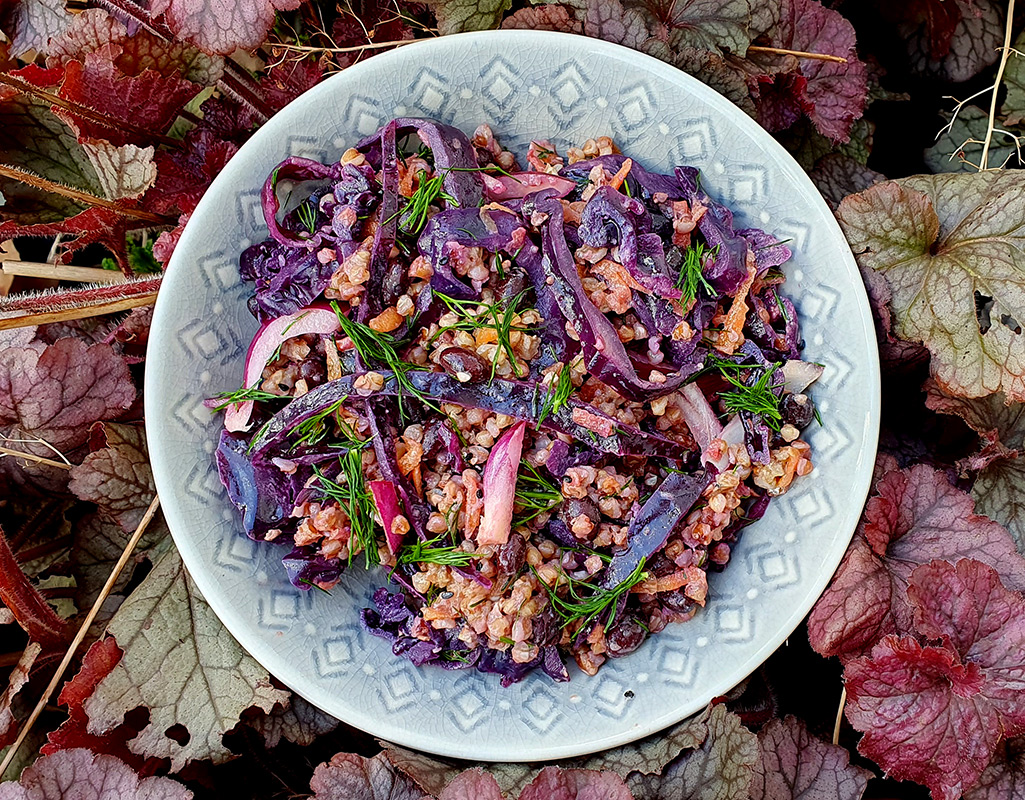 Buckwheat, beans and red cabbage salad