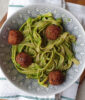 Pea and watercress pasta with vegan meatballs