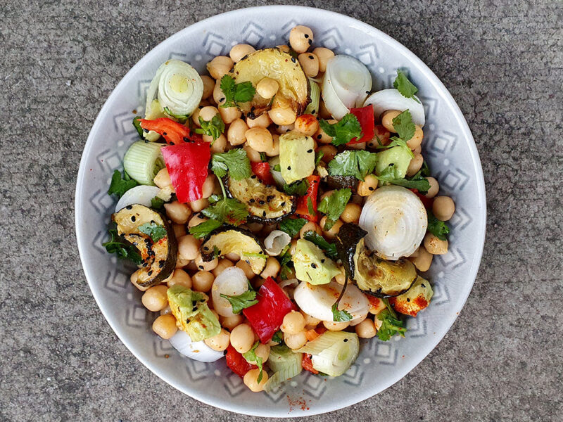 Grilled courgette, avocado and chickpea salad