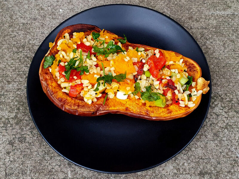 Roasted squash stuffed with bulgar wheat