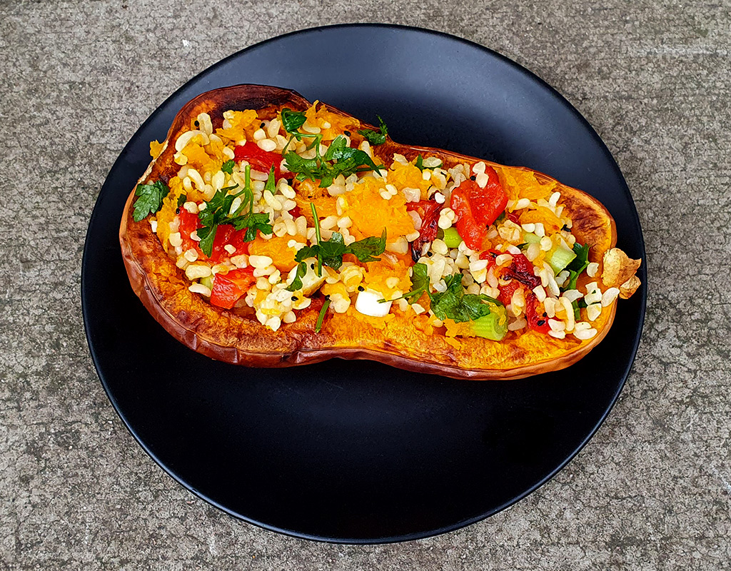 Roasted squash stuffed with bulgar wheat