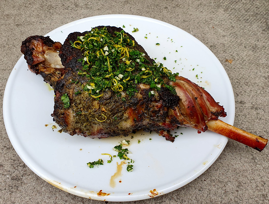 Pesto and mint roasted leg of lamb