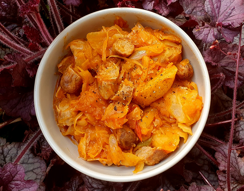 Potato and sauerkraut stew with sausage