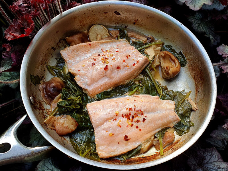 Balsamic salmon with spinach and shiitake