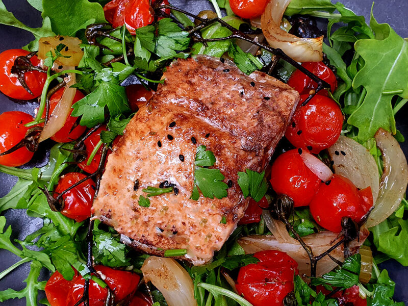 Balsamic salmon and tomato bake