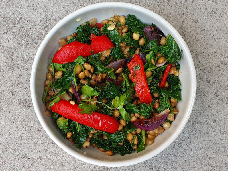 Lentil and kale salad with grilled pepper
