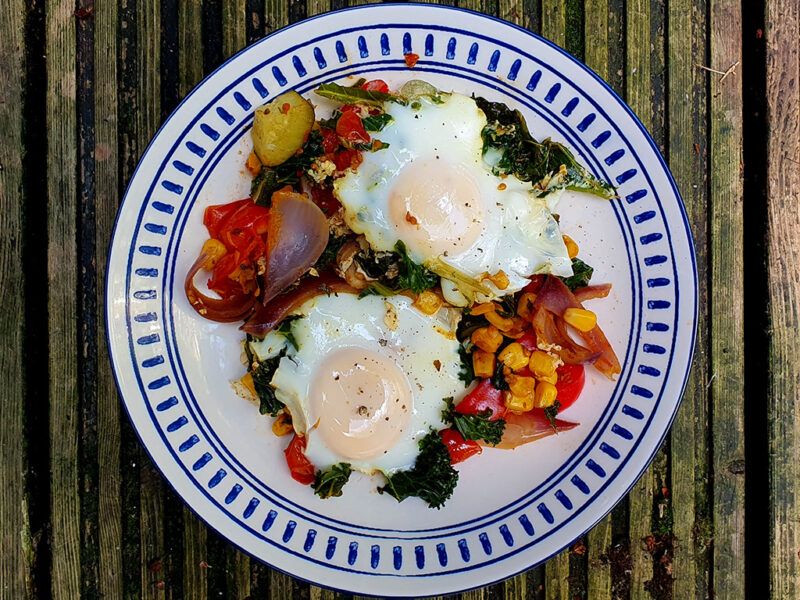 Mexican style ratatouille with fried eggs