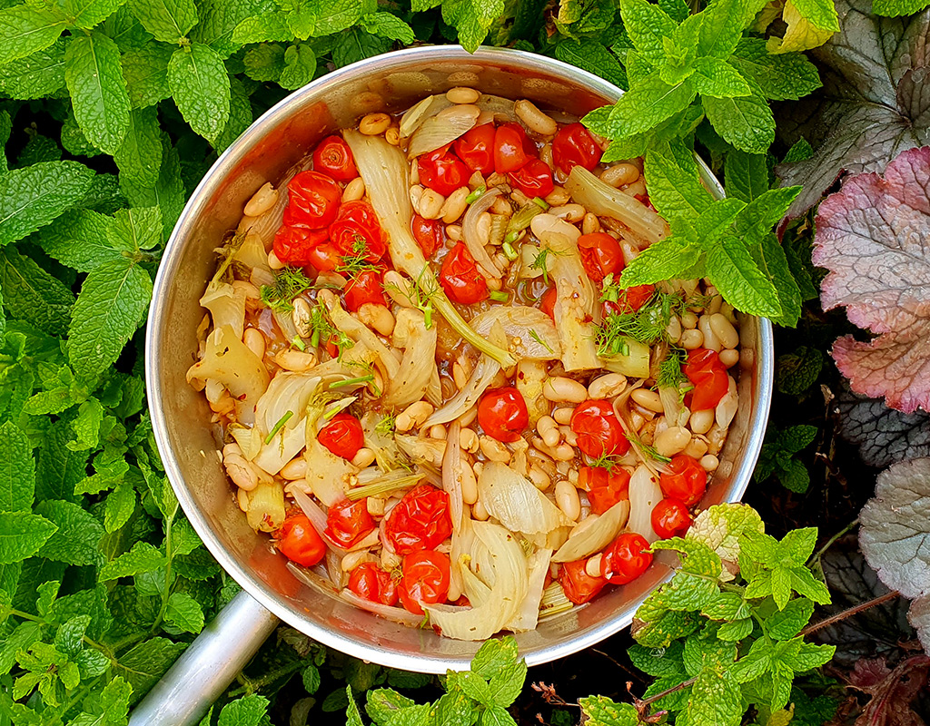 Sauteed fennel with beans and tomatoes