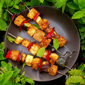 Spiced tofu and veggie skewers