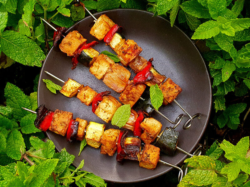 Spiced tofu and veggie skewers