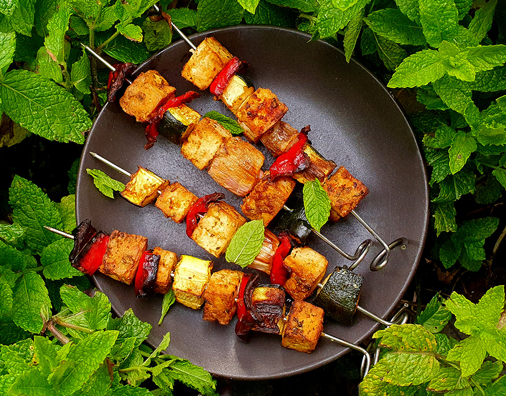 Spiced tofu and veggie skewers