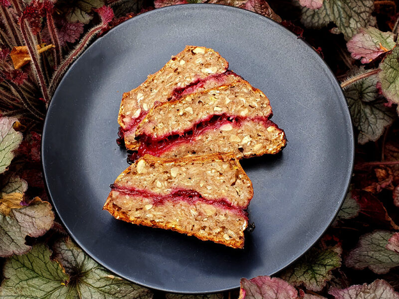 Vegan banana bread with plum jam