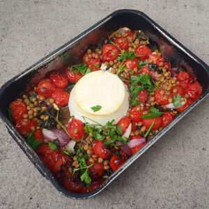 Baked ricotta with tomatoes and lentils