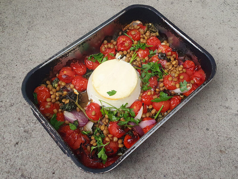 Baked ricotta with tomatoes and lentils