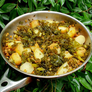 New potatoes with kale and lentils