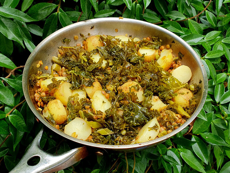 New potatoes with kale and lentils