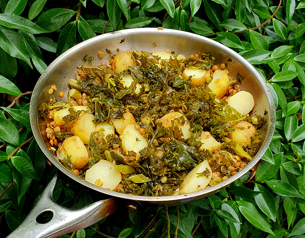 New potatoes with kale and lentils