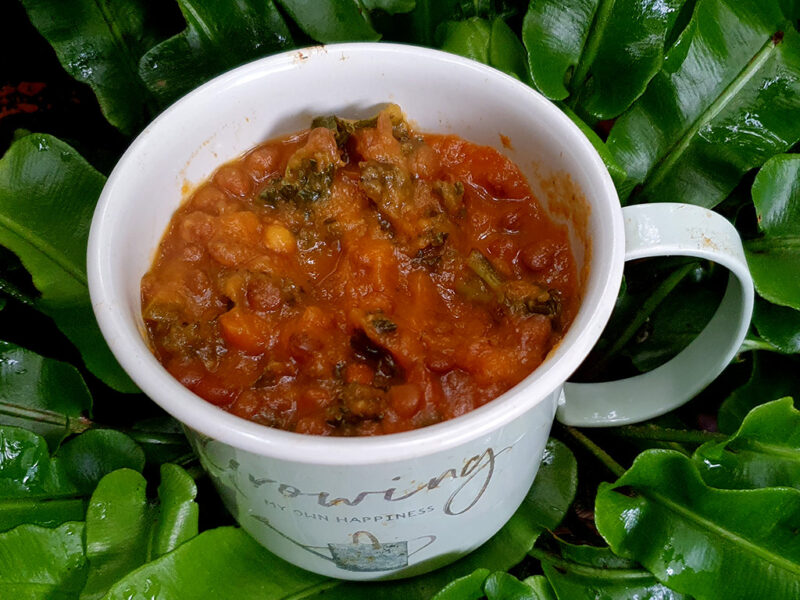 Root vegetable soup with lentils and kale