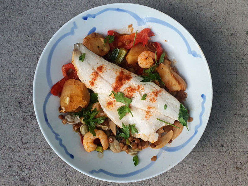 Vegetable stew with sea bass