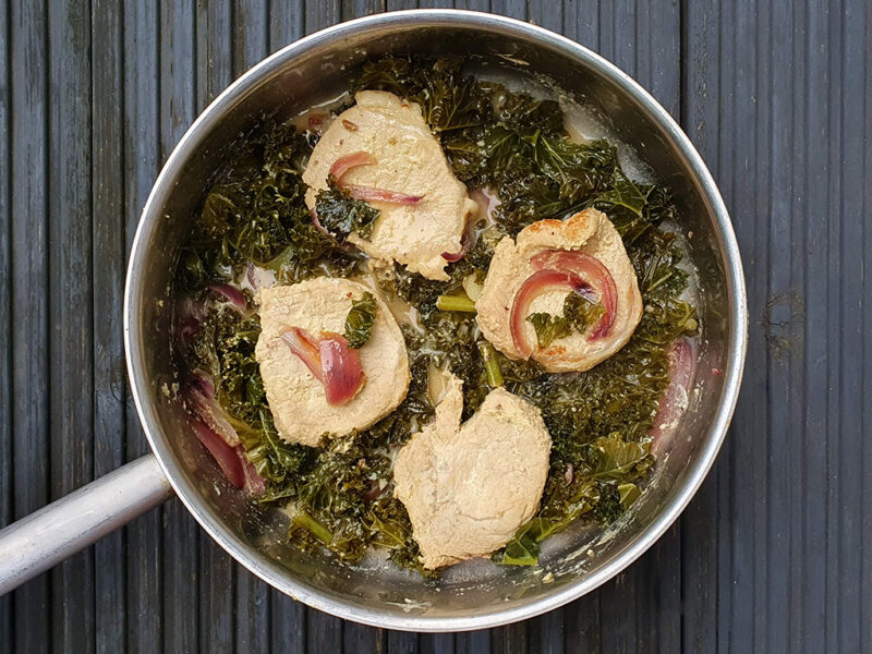 Pork Loin Steaks in Mustard and Kale Sauce