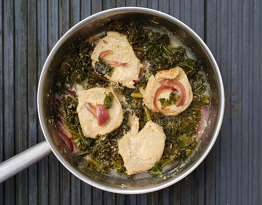 Pork Loin Steaks in Mustard and Kale Sauce