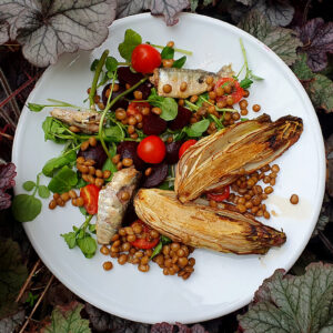 Baked Chicory, Sardine and Lentil Salad