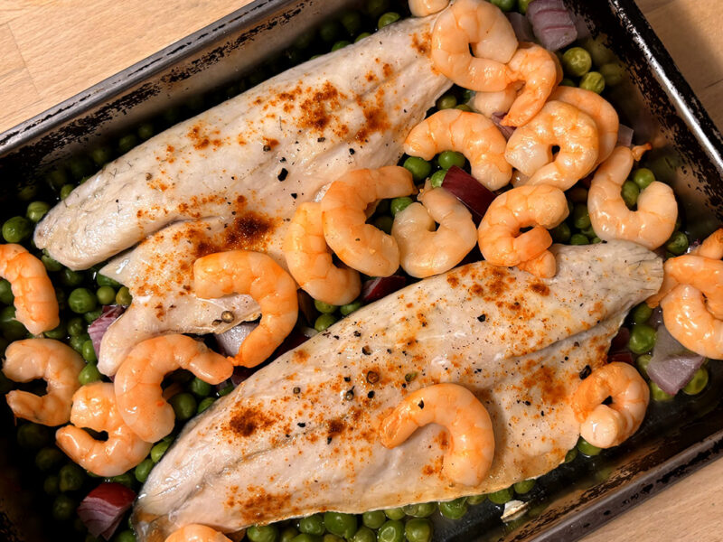Baked Sea Bass with Prawns and Peas