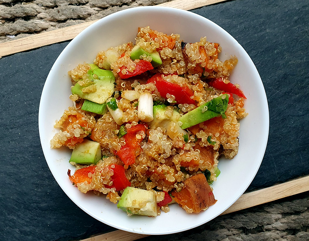 Quinoa Salad with Roasted Sweet Potatoes and Avocado