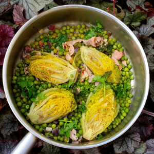 Braised Little Gems with Peas and Bacon