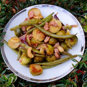 Caramelised Sprouts with Green Beans and Bacon