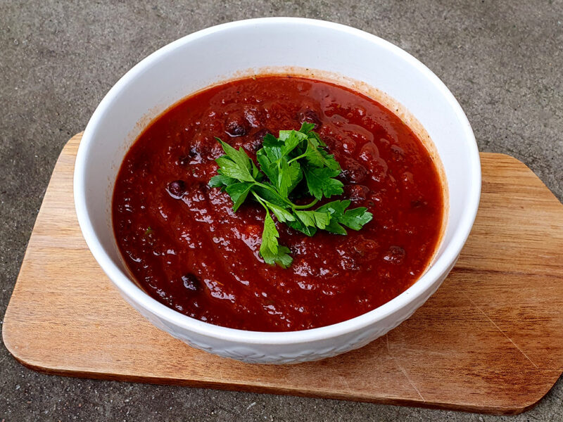 Beetroot and Sweet Potato Soup with Black Beans