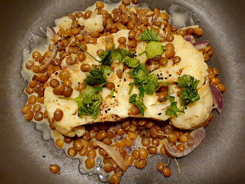 Cauliflower Steak with Lentil Sauce