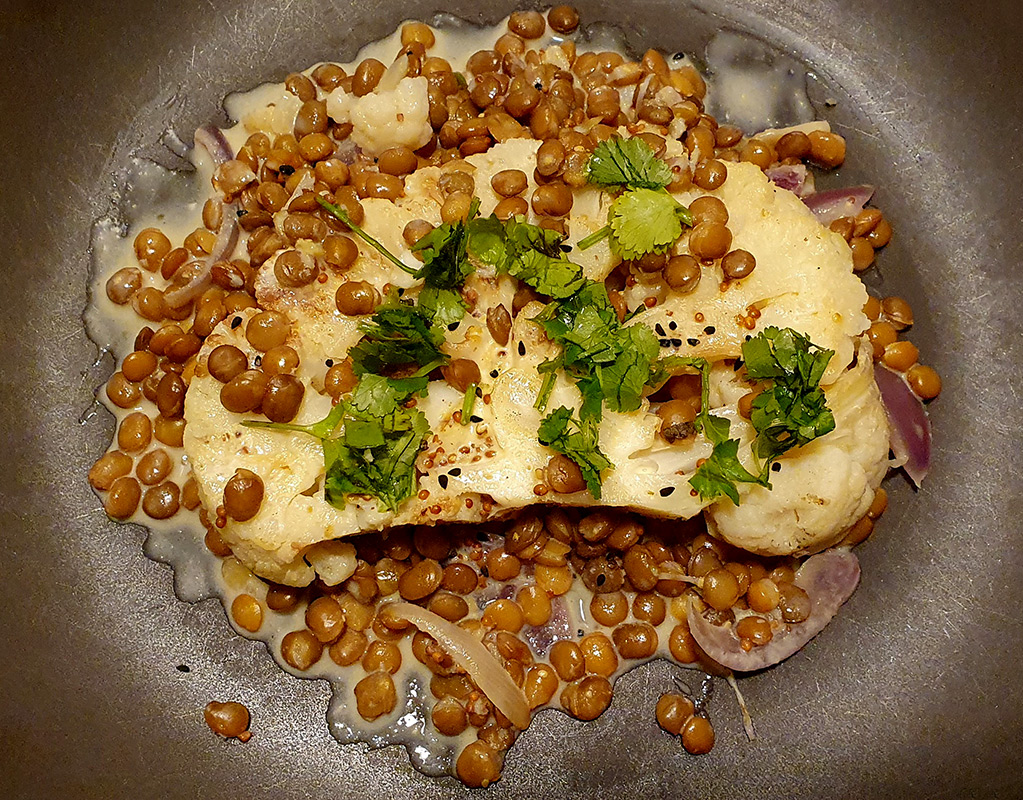 Cauliflower Steak with Lentil Sauce