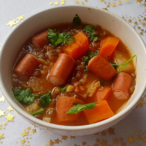 Lentil and Root Vegetable Soup with Frankfurters