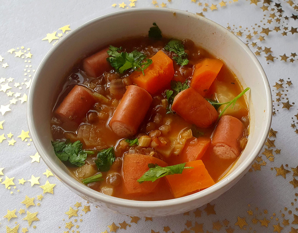 Lentil and Root Vegetable Soup with Frankfurters