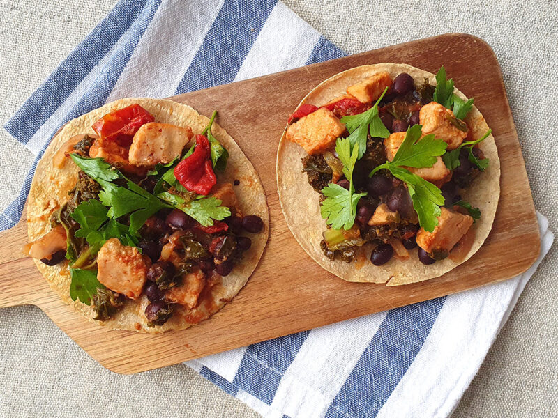 Vegan “Chicken” and Black Bean Tacos