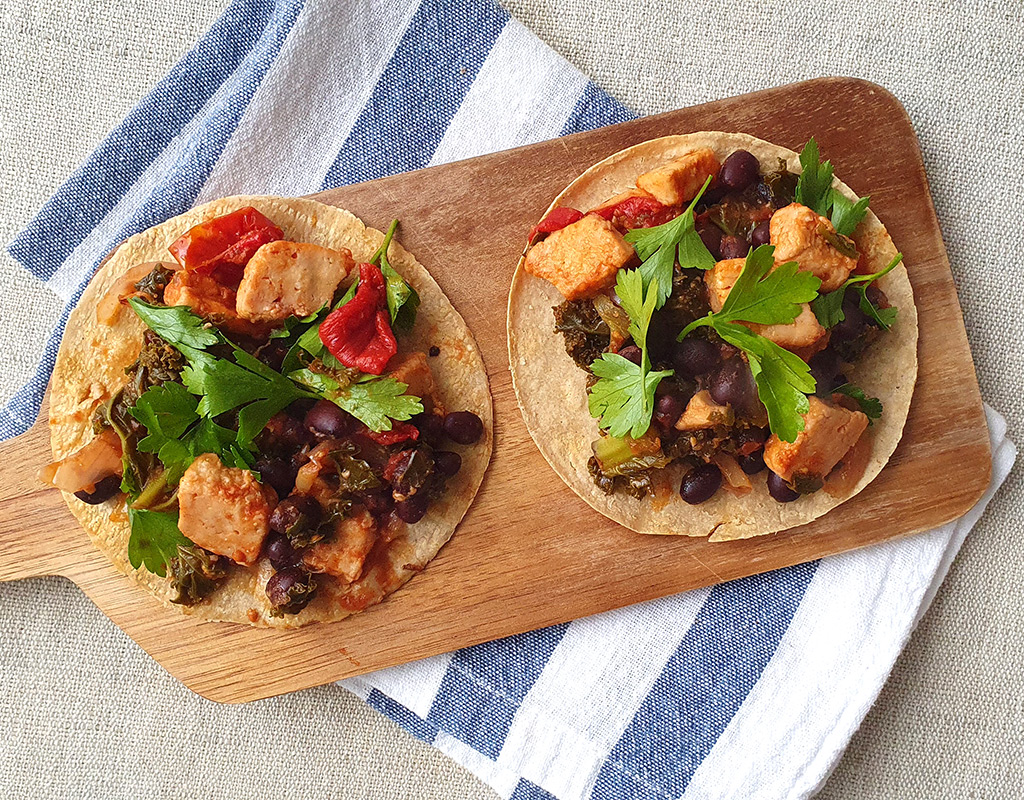 Vegan “Chicken” and Black Bean Tacos
