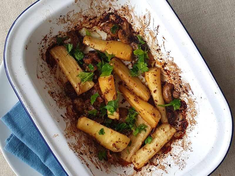 Mustard Baked Parsnips and Mushrooms