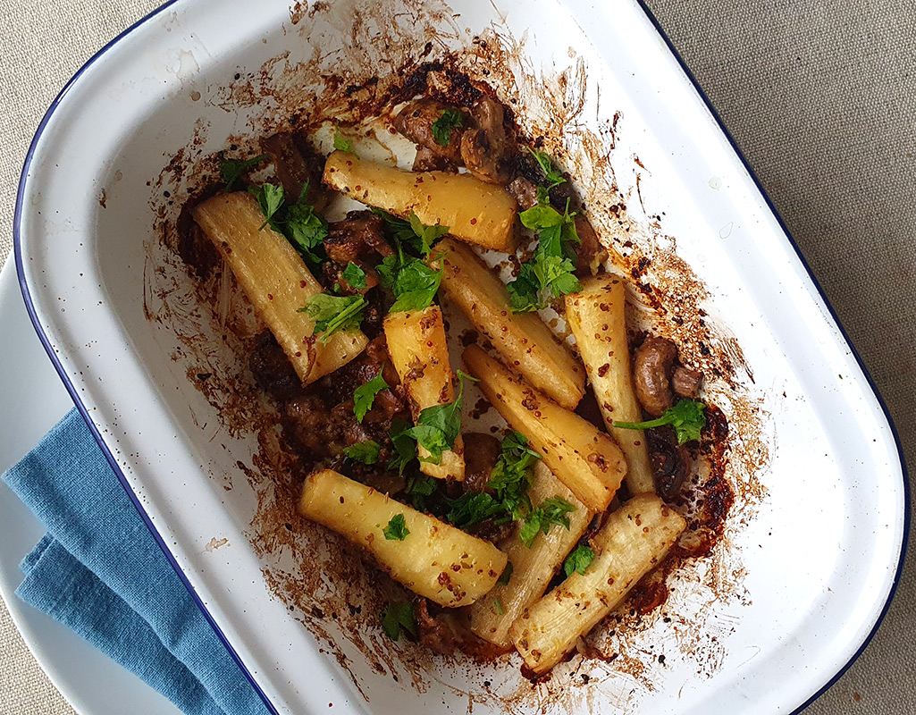 Mustard Baked Parsnips and Mushrooms