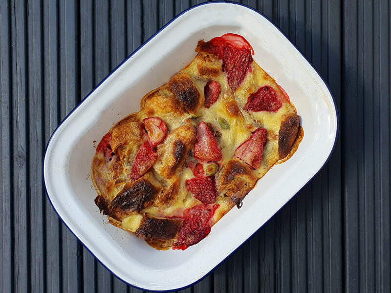 Strawberry and Pistachio Croissant Bake