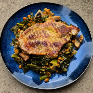 Pork Fillet with Lentils, Mushrooms and Kale