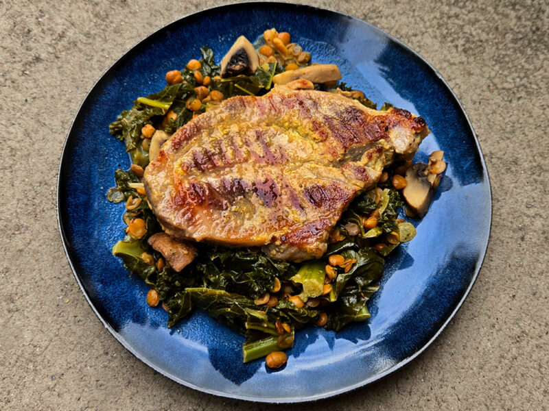 Pork Fillet with Lentils, Mushrooms and Kale