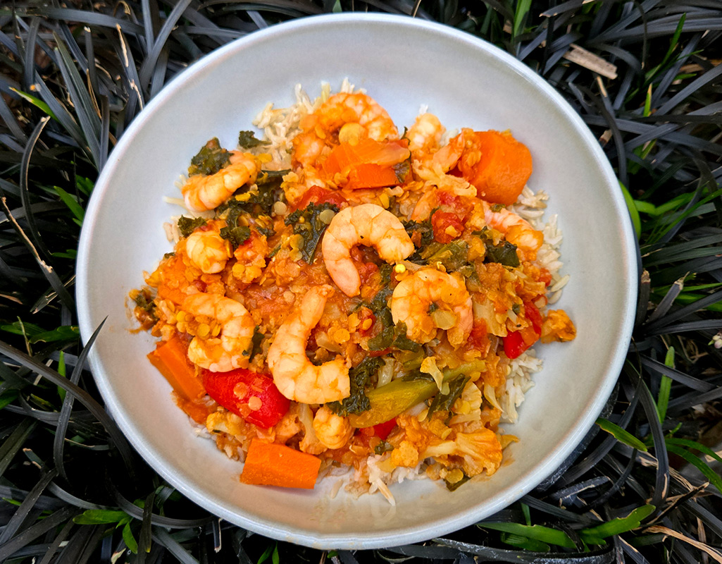 Lentil and Cauliflower Stew with Prawns