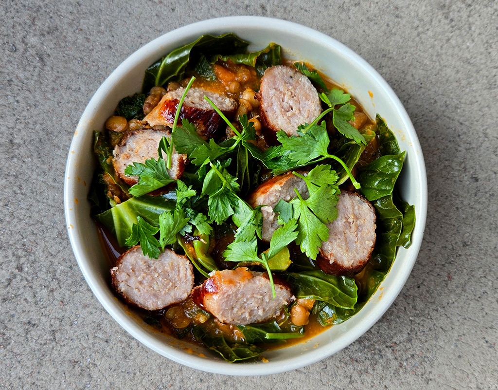 Sausages with Lentil and Kale Stew